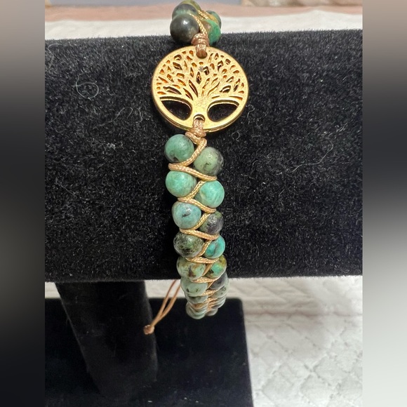 Tree of Life Gold Tone Natural Beaded Turquoise double-stranded Sliding Knot - Picture 1 of 9